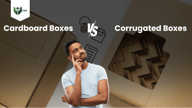 Person thinking with corrugated and cardboard boxes in the background